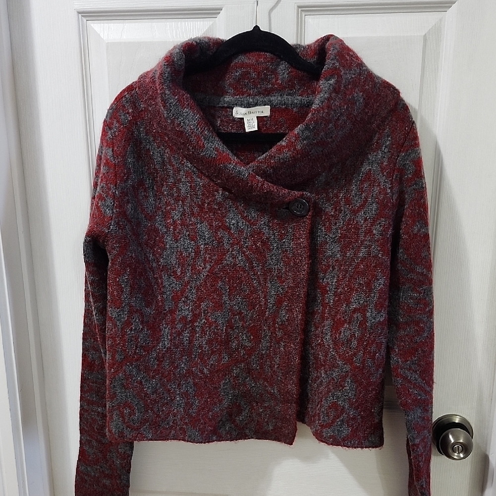 Susan Bristol Shawl Neck Red And Gray Sweater Size Medium Wool Blend